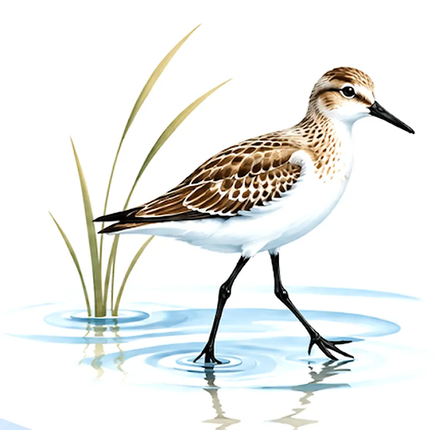 Watercolor of a sandpiper stepping through shallow water beside a tuft of marsh grass.